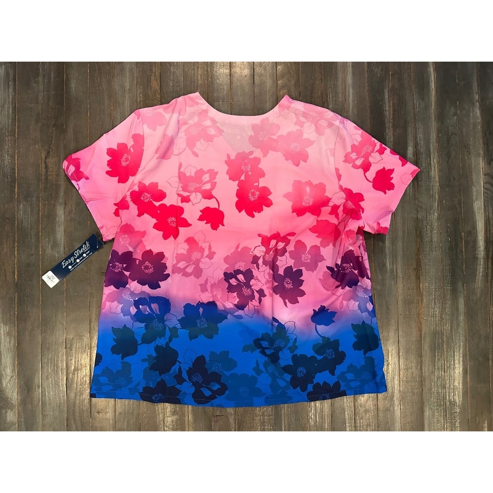 Easy Stretch by Butter-Soft Women Floral Ombre V-Neck Scrub Top Pink Blue - Picture 2 of 2